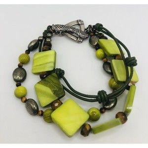 Silpada Sterling Silver Bracelet~Green Mother of Pearl ~Leather ~PyriteTiger Eye